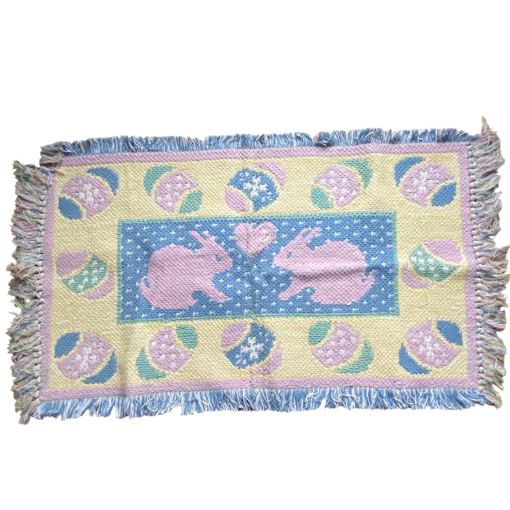 Vintage Easter Bunny Woven Tapestry Rug Tablecloth Pastel Pink Blue‎ Fringed Mat